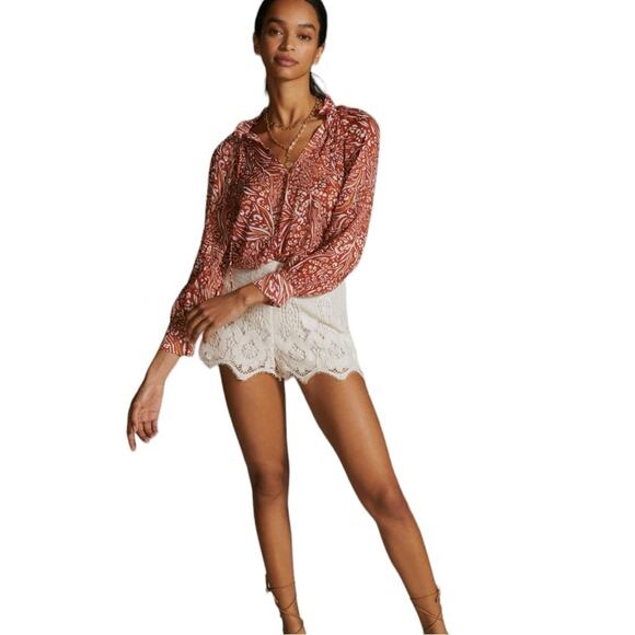 Anthropologie Sheer Printed Peasant Blouse Orange Cream XXS - Picture 1 of 15